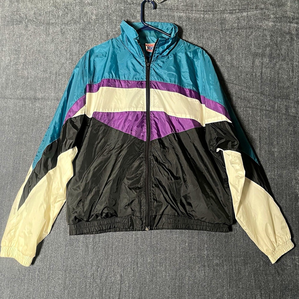 Athletic Works Mens Windbreaker Jacket L Colorblock Full Zip Stand-Up Blue